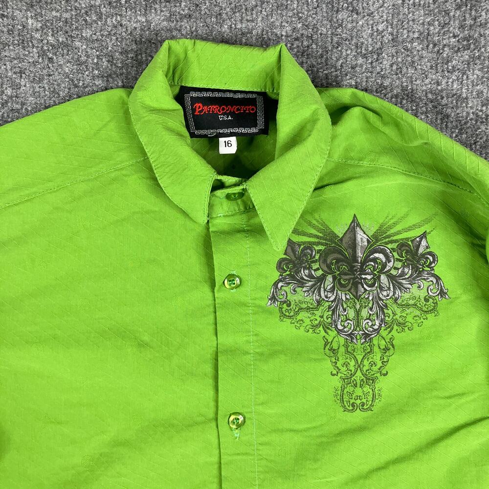 Patroncito Button Shirt Boys Size 16 Green Graphic‎ Western Short Sleeve